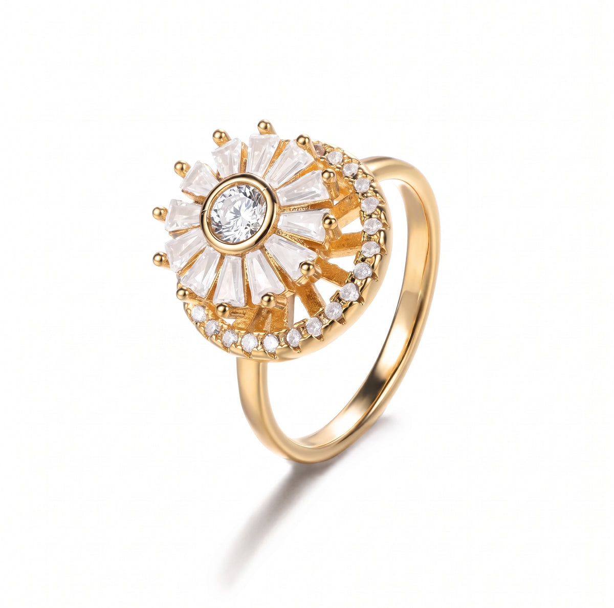 Gold rotatable four-petal clover ring with sparkling zircon stones — adjustable spinner anxiety ring