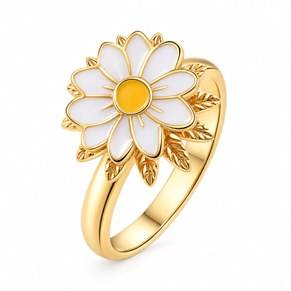 Anti-Stress And Anxiety Ring For Women Plant Flower Gold Colour Rotate Freely Fidget Metal Spinner Adjustable Open Rings Anillo