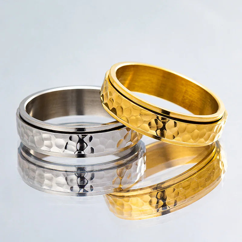 Titanium Steel Spinner Rings Reducing Pressure for Men and Women Irregular Patterns of Hammered Moonpits Rotating   Anti-stress