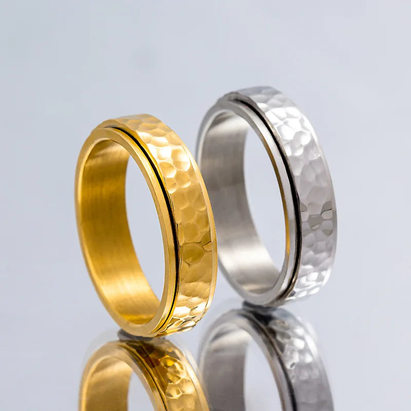 Titanium Steel Spinner Rings Reducing Pressure for Men and Women Irregular Patterns of Hammered Moonpits Rotating   Anti-stress