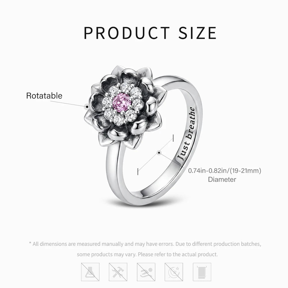 Lotus Ring size chart — rotatable 925 silver ring, 19-21mm diameter with Just Breathe engraving