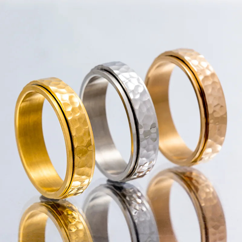 Titanium Steel Spinner Rings Reducing Pressure for Men and Women Irregular Patterns of Hammered Moonpits Rotating   Anti-stress
