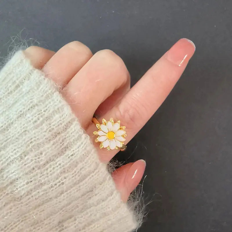 Anti-Stress And Anxiety Ring For Women Plant Flower Gold Colour Rotate Freely Fidget Metal Spinner Adjustable Open Rings Anillo